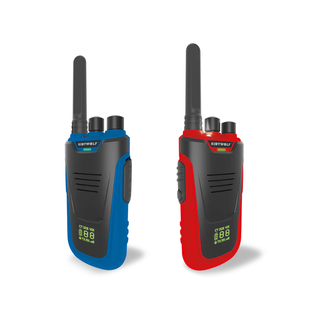 Two walkie talkies, one blue and one red, on a white background.