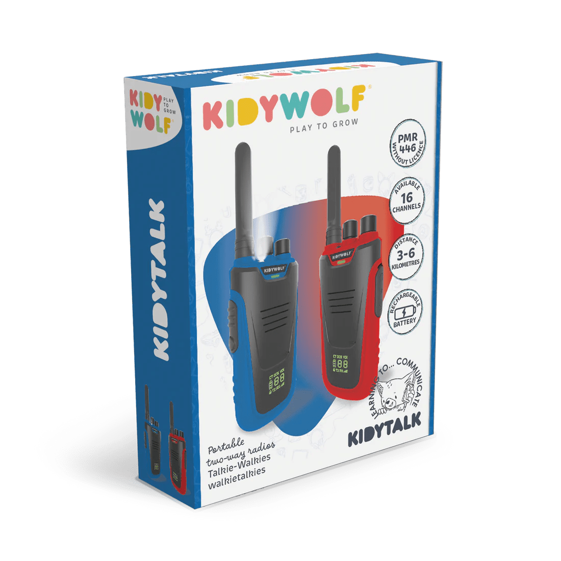 Box of KIDYWOLF walkie-talkies with colorful design on a white background