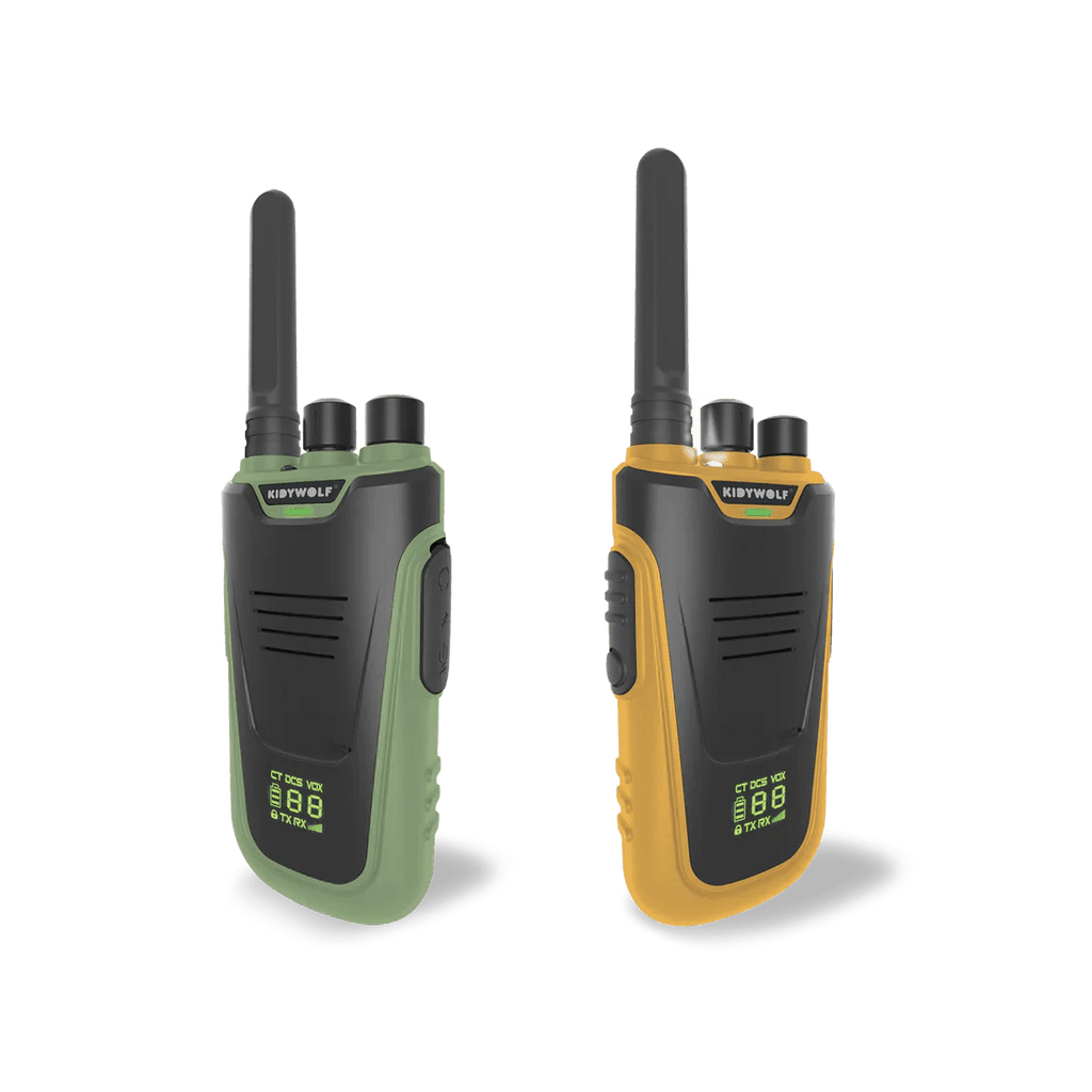 Two walkie talkies, one green and one orange, on a white background.
