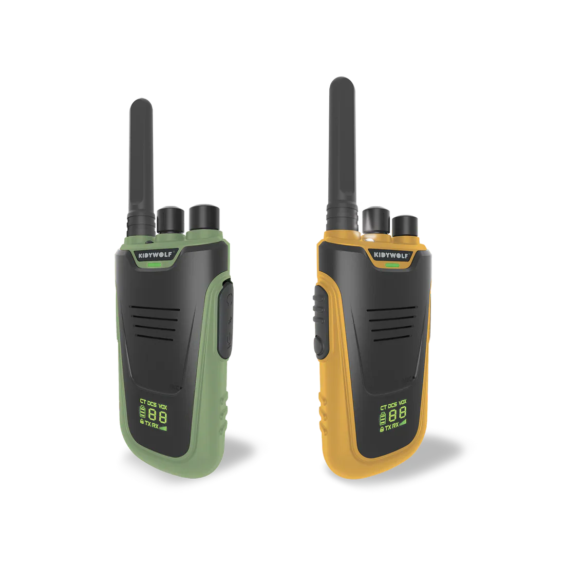 Two walkie talkies, one green and one orange, on a white background.