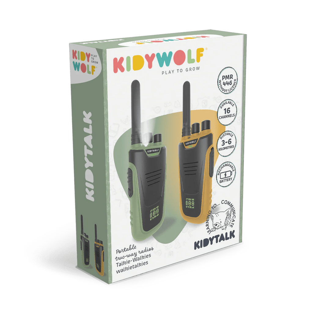 Kiddywolf walkie-talkie set packaging on a white background