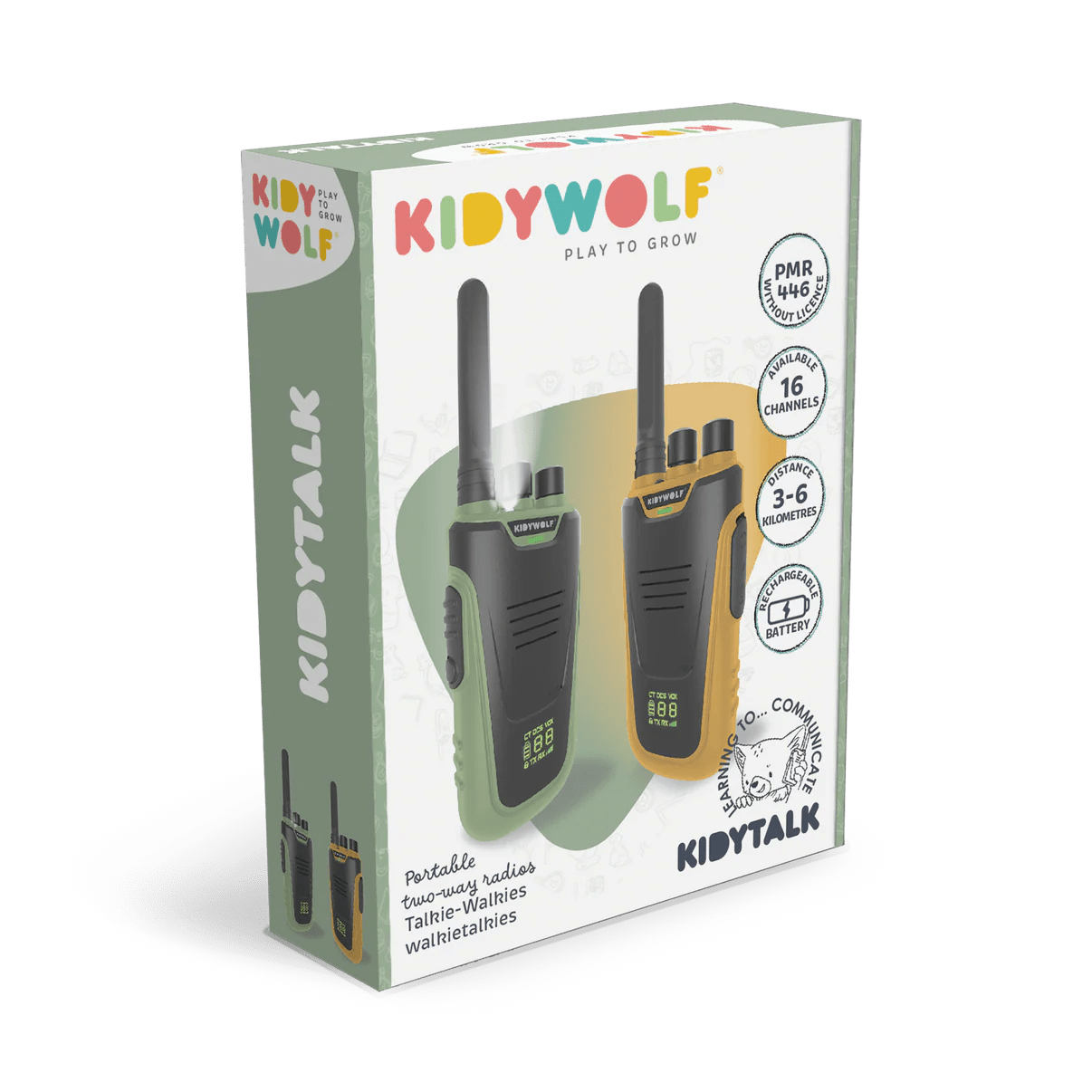 Kiddywolf walkie-talkie set packaging on a white background