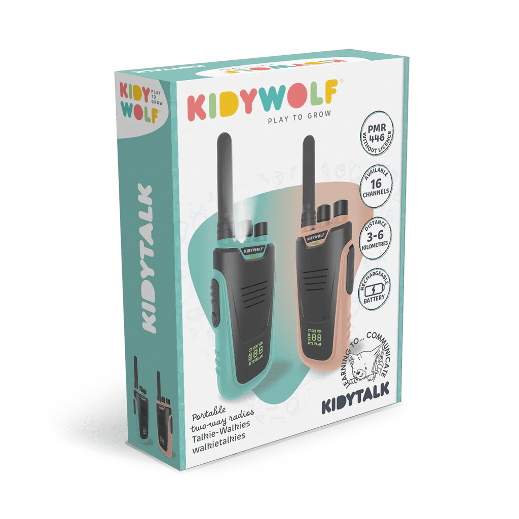 Box of KIDYWOLF walkie-talkies with product images on a white background