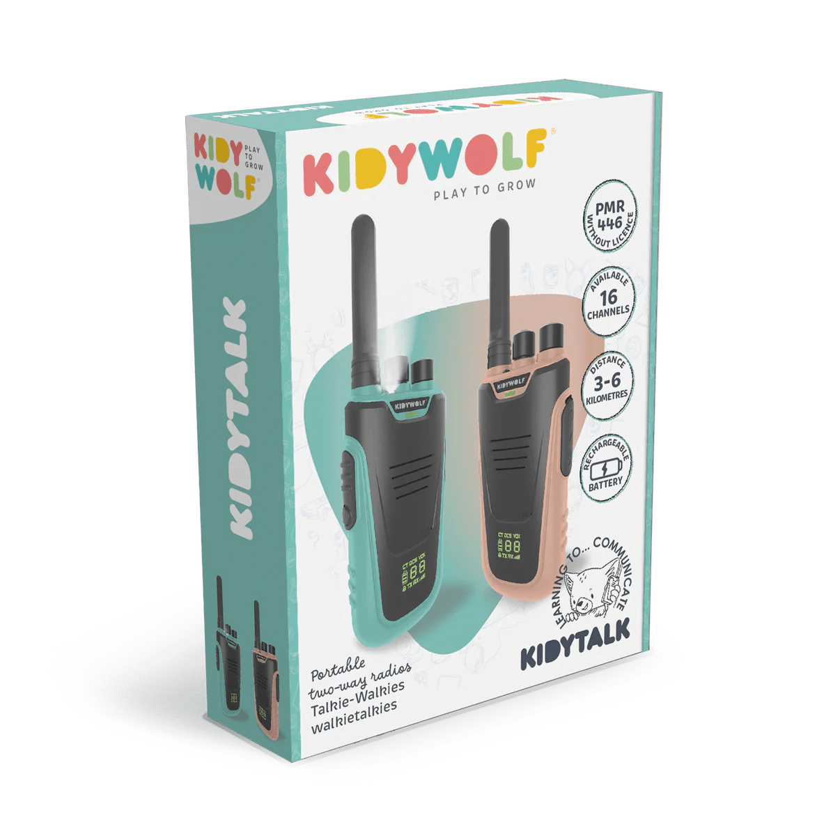 Box of KIDYWOLF walkie-talkies with product images on a white background