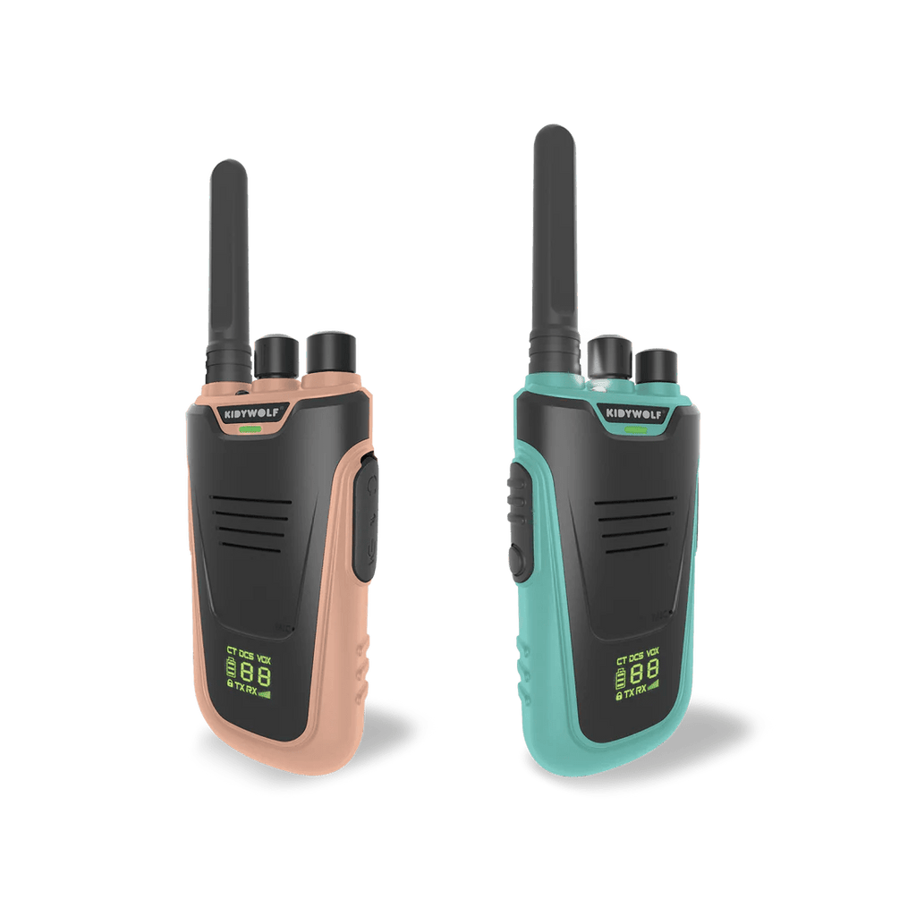 Two walkie talkies, one pink and one teal, on a white background.