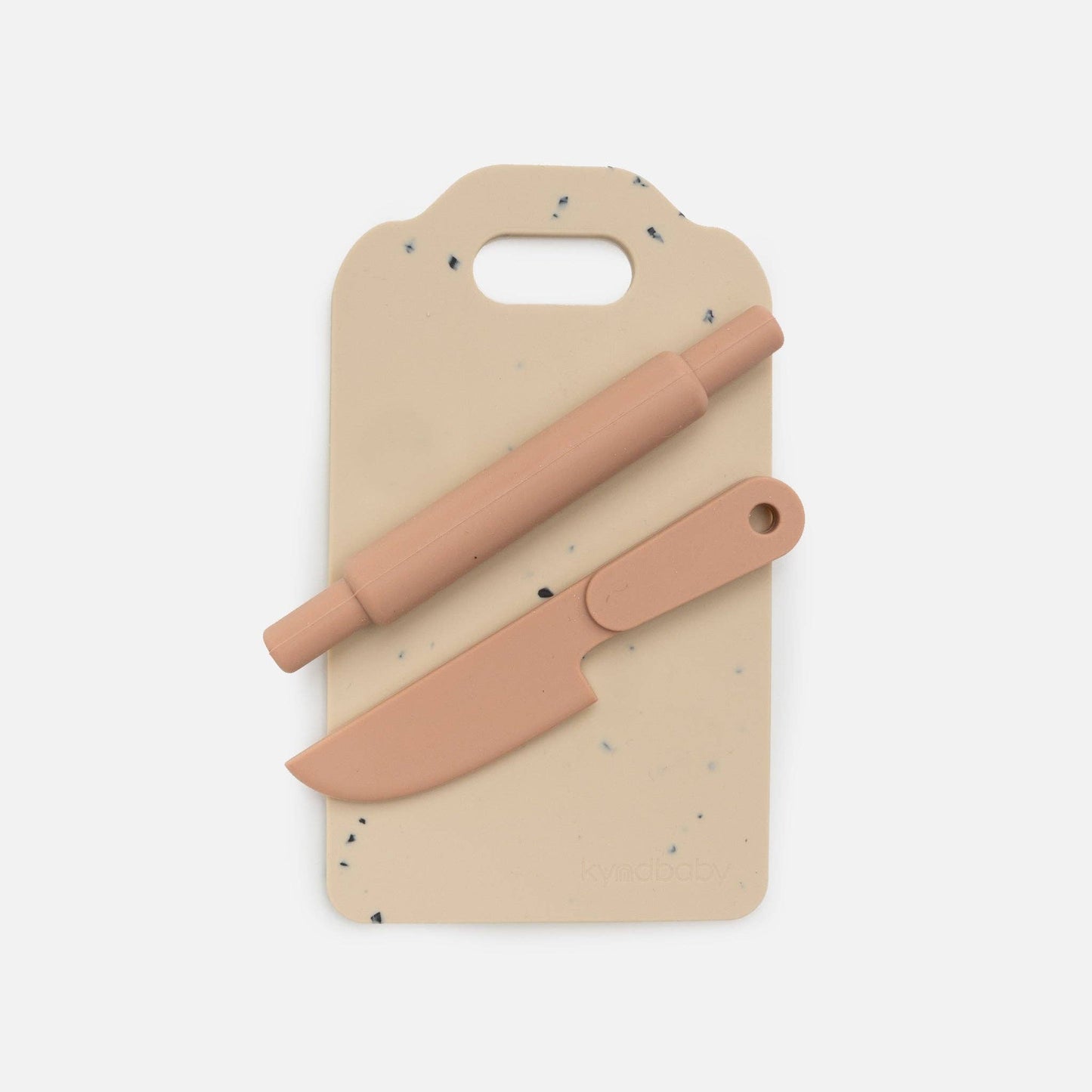 Silicone toy chopping board, knife and rolling pin.