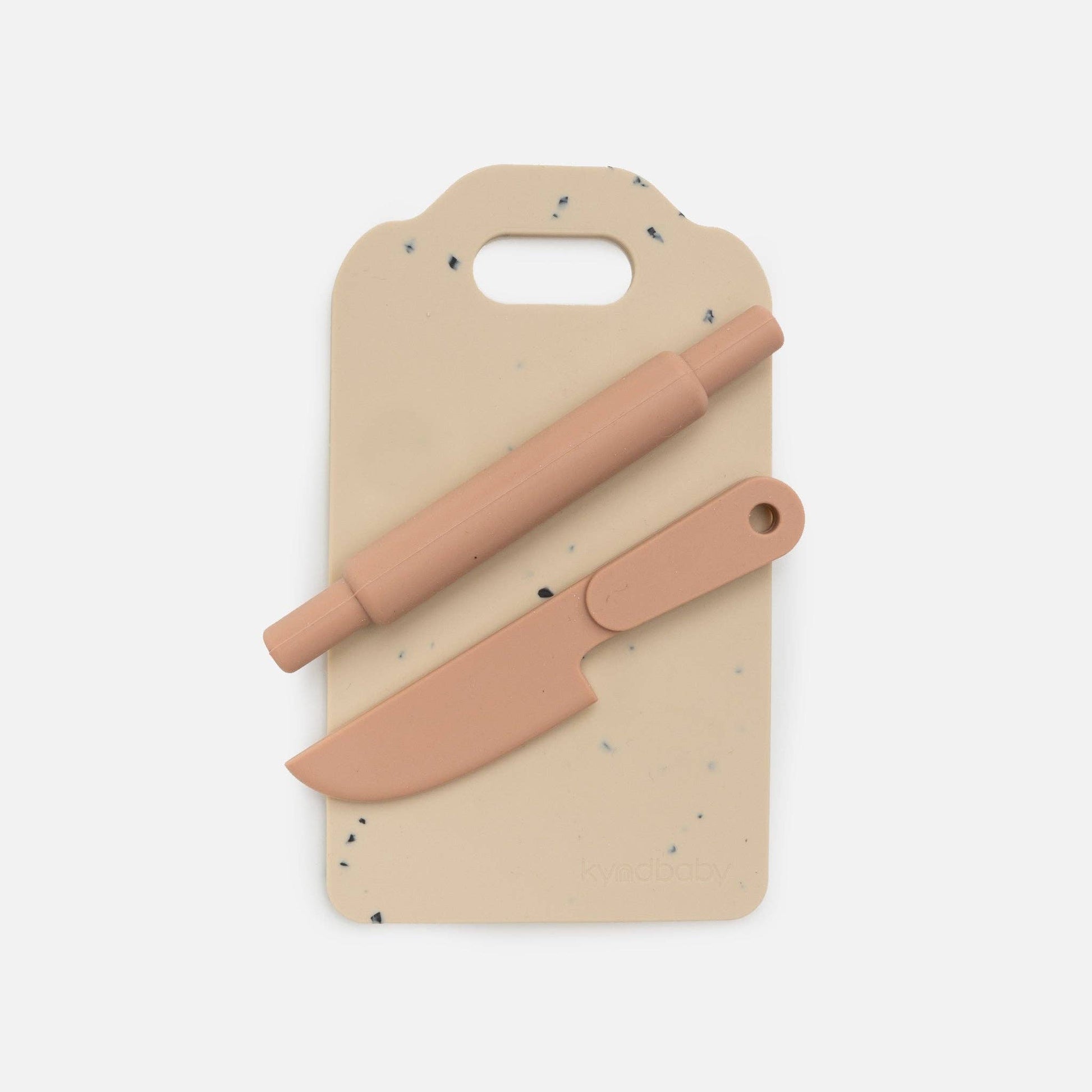 Silicone toy chopping board, knife and rolling pin.
