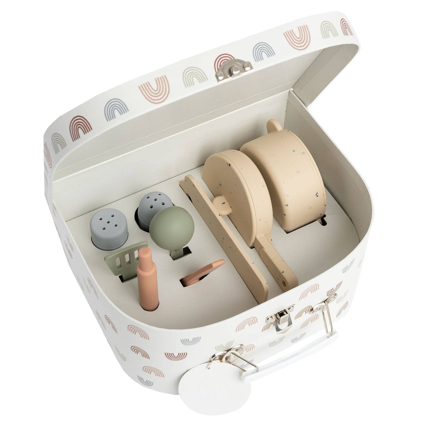 Inside of case showing silicone kitchen set on a white background.