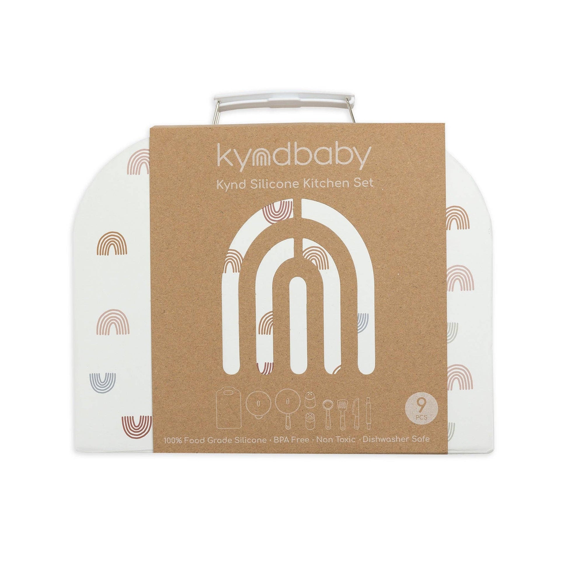 White packaging case with rainbow design.