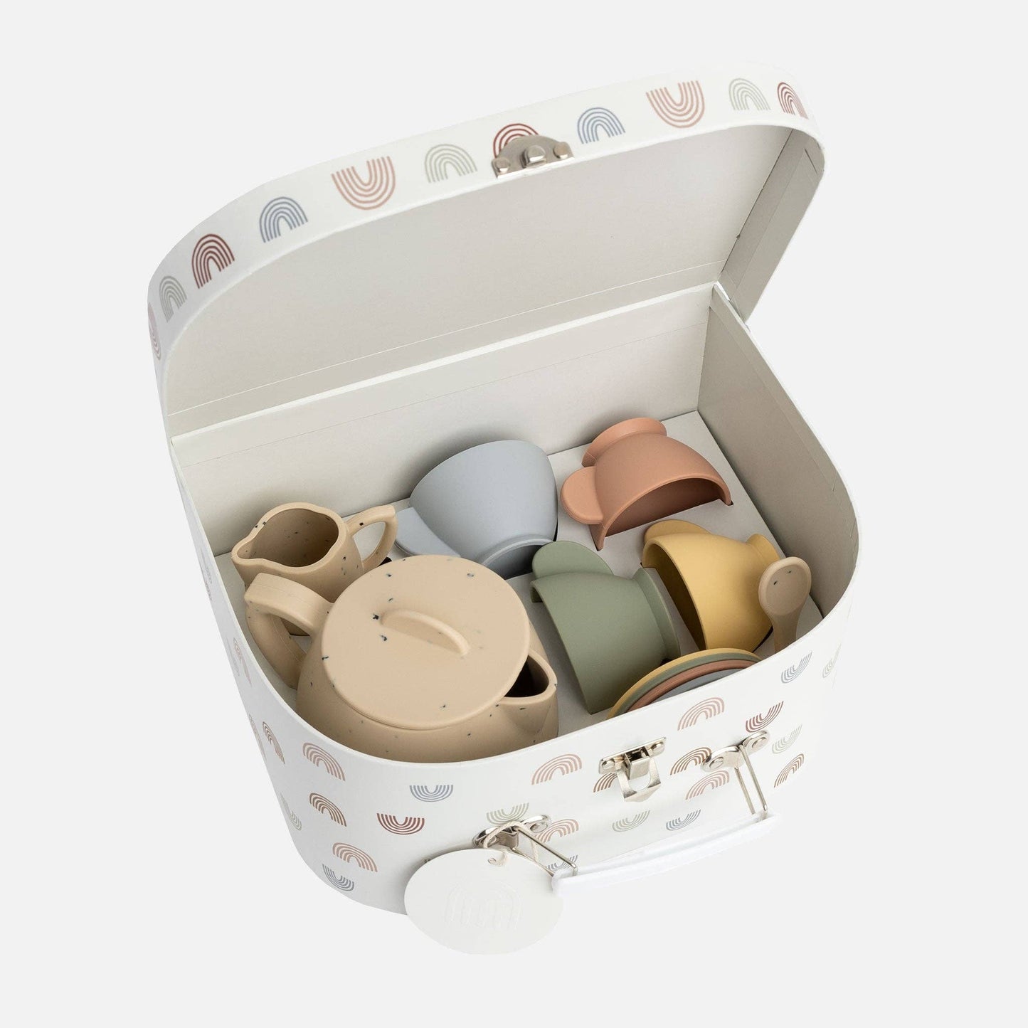 Silicone tea set in a white case on a white background.