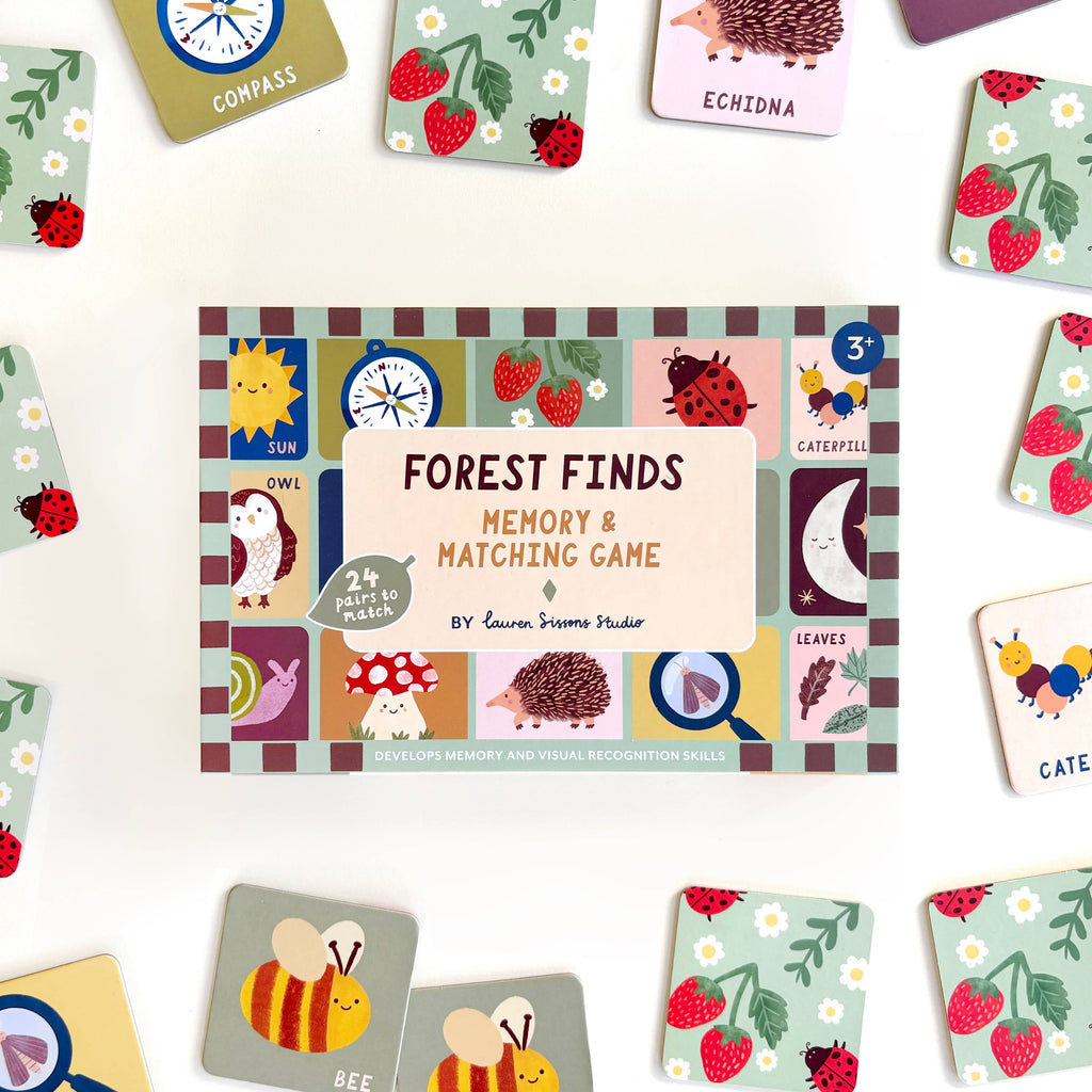 Forest Finds memory and matching game with colorful cards on a white background