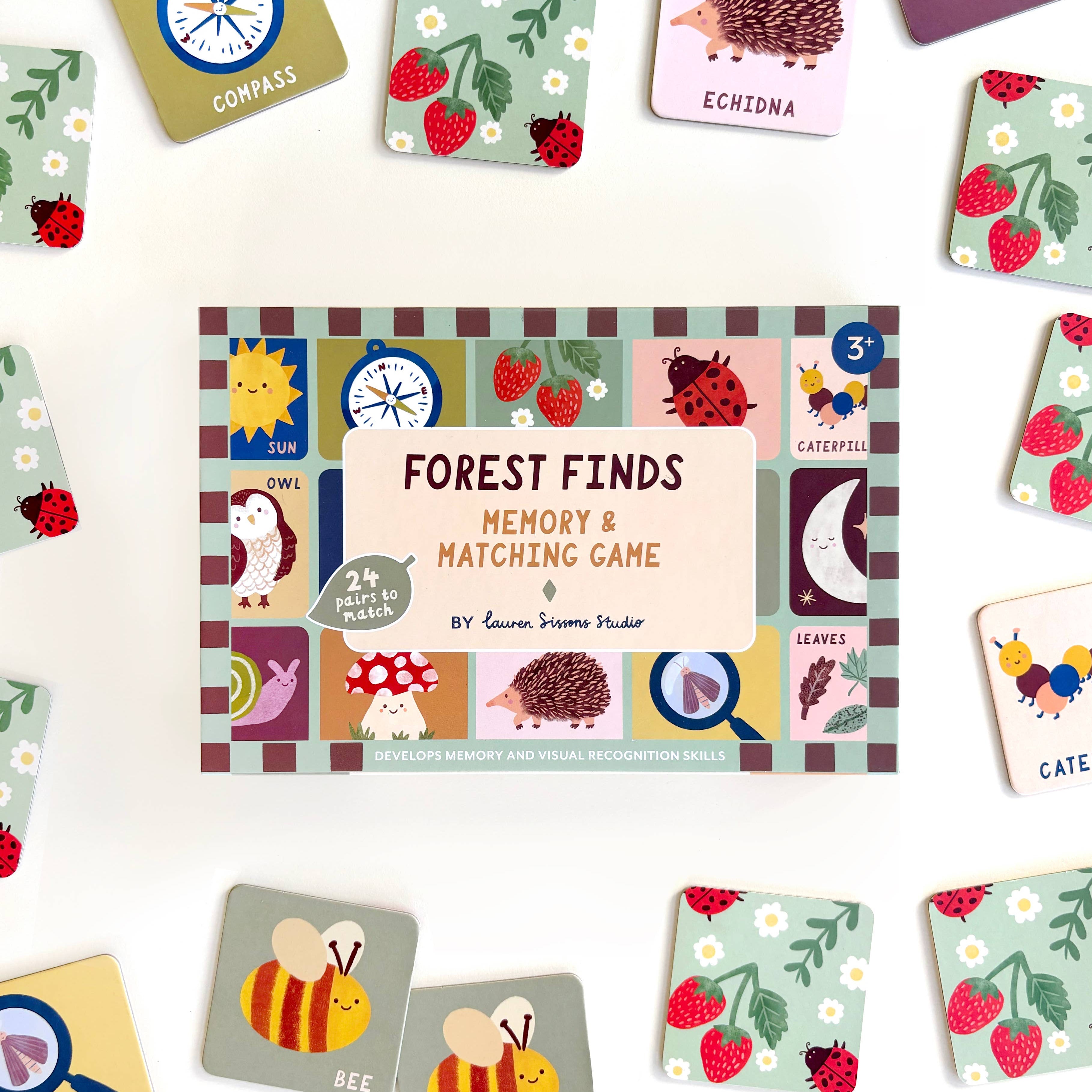 Forest Finds memory and matching game with colorful cards on a white background