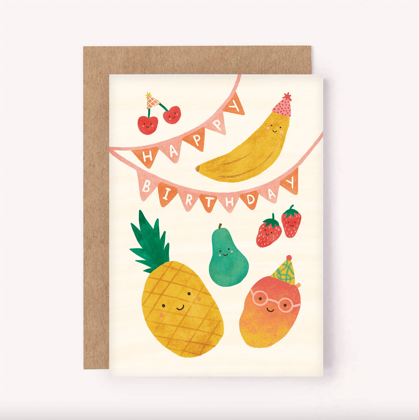 Birthday card with cartoon fruits and 'Happy Birthday' banner on a white background