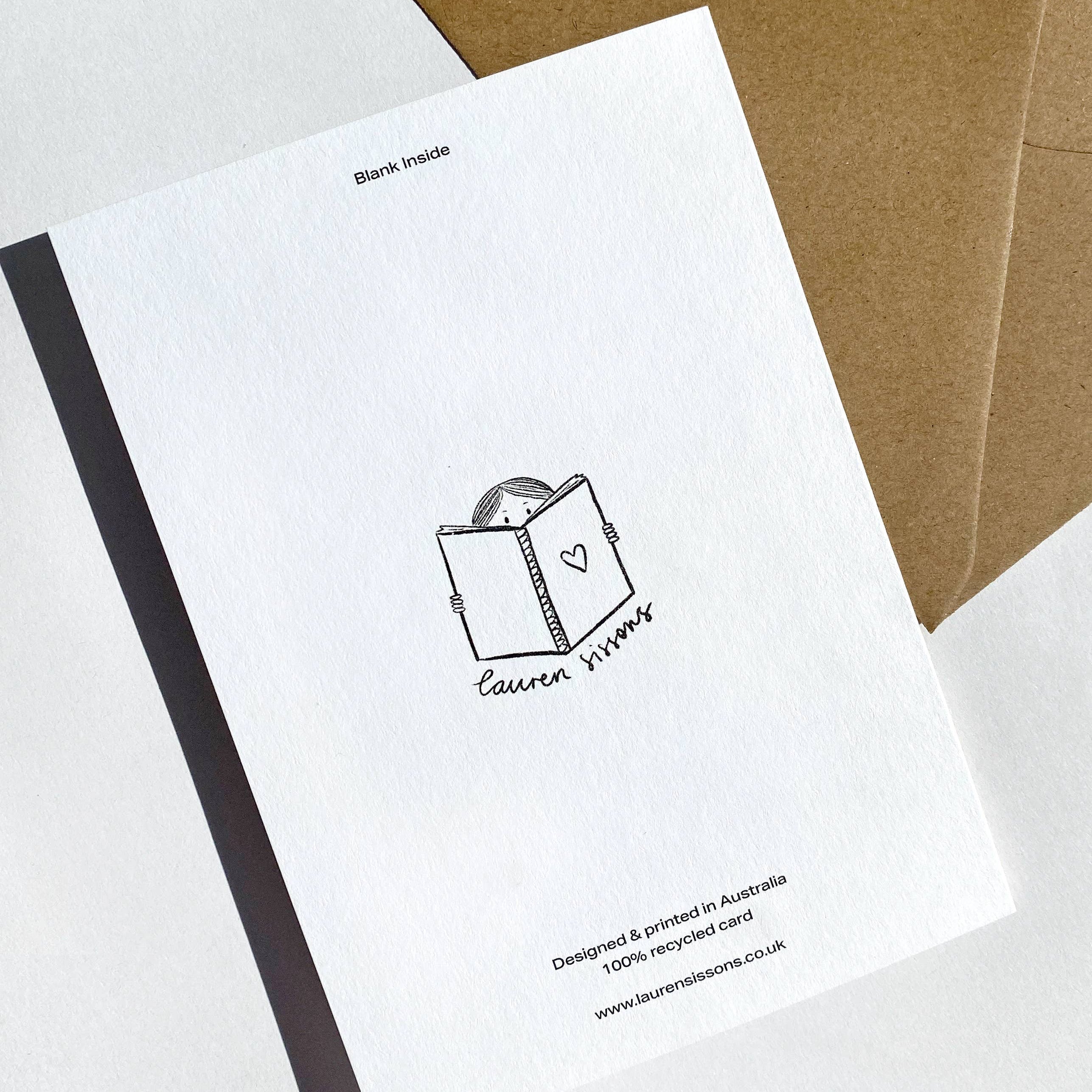 White card with black text and logo on a white background