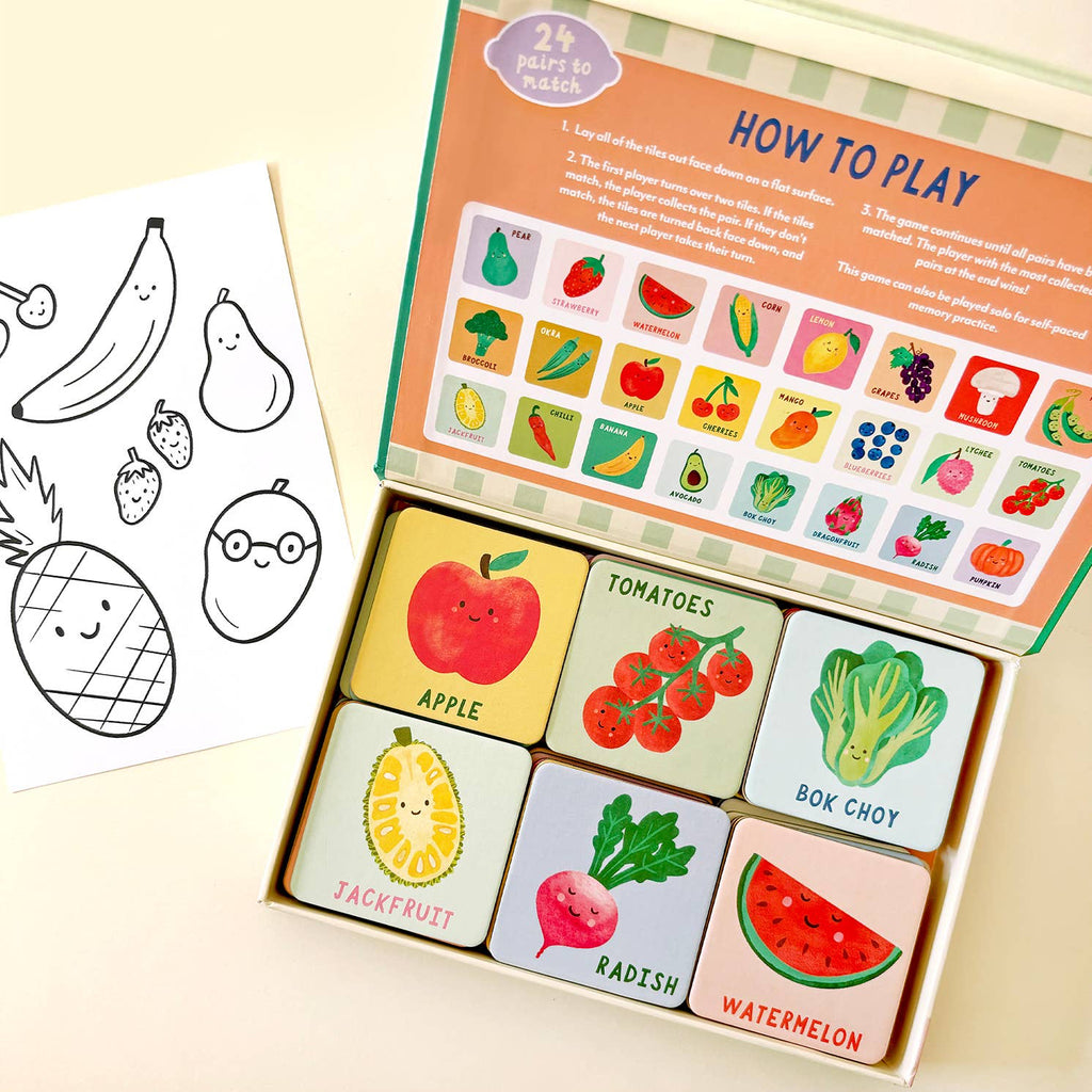Set of colorful wooden blocks with fruit and vegetable illustrations, accompanied by a 'How to Play' sheet.