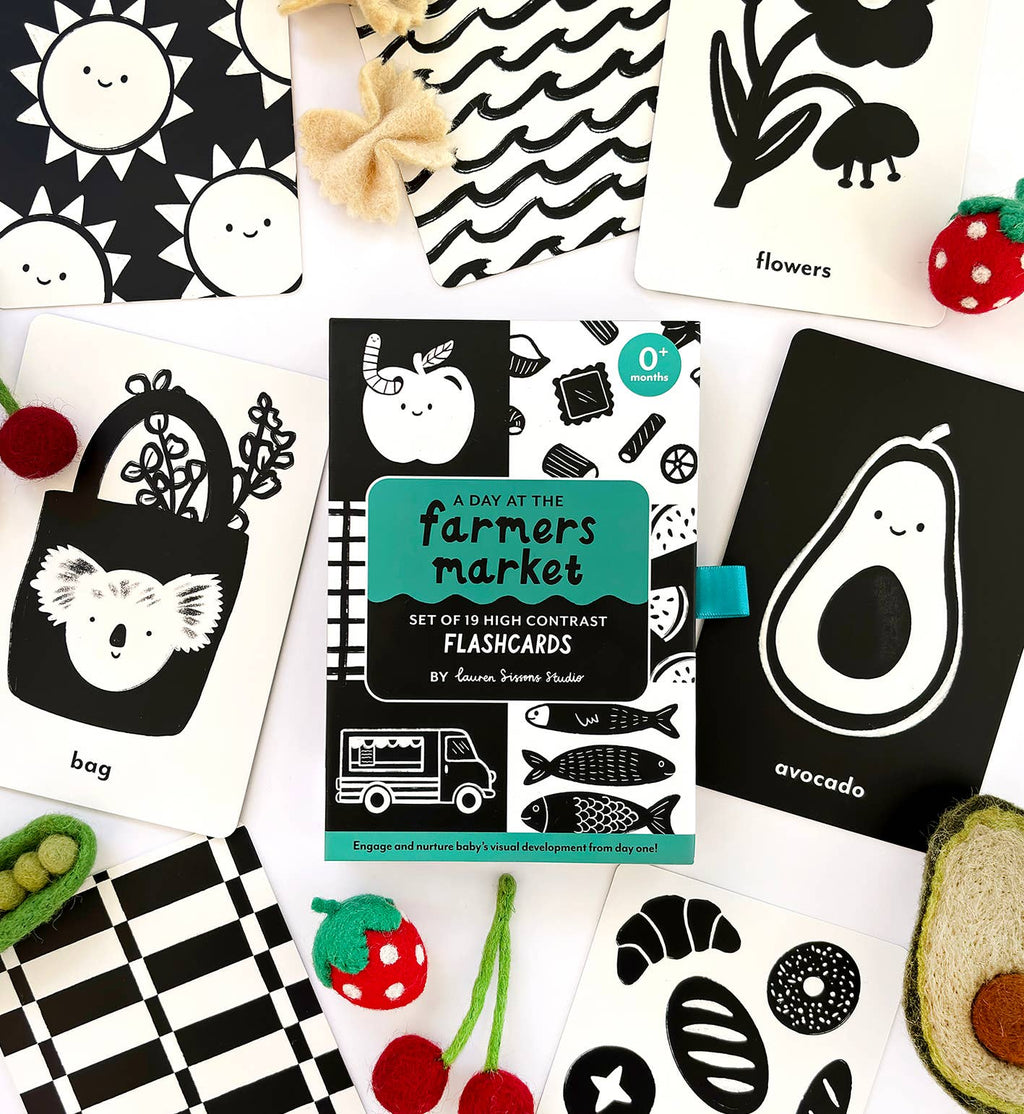 Set of high contrast flashcards with black and white illustrations on a white background.