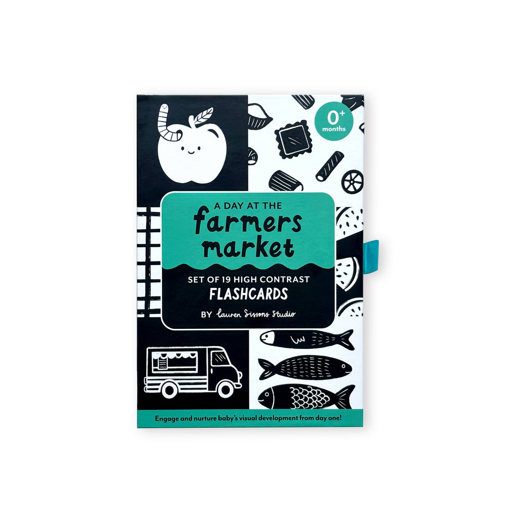 Flashcard set packaging with black and white illustrations on a white background