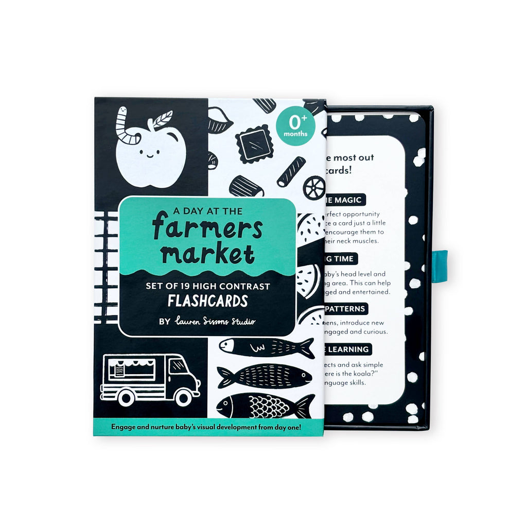 Set of high contrast flashcards for children with illustrations and text on a white background
