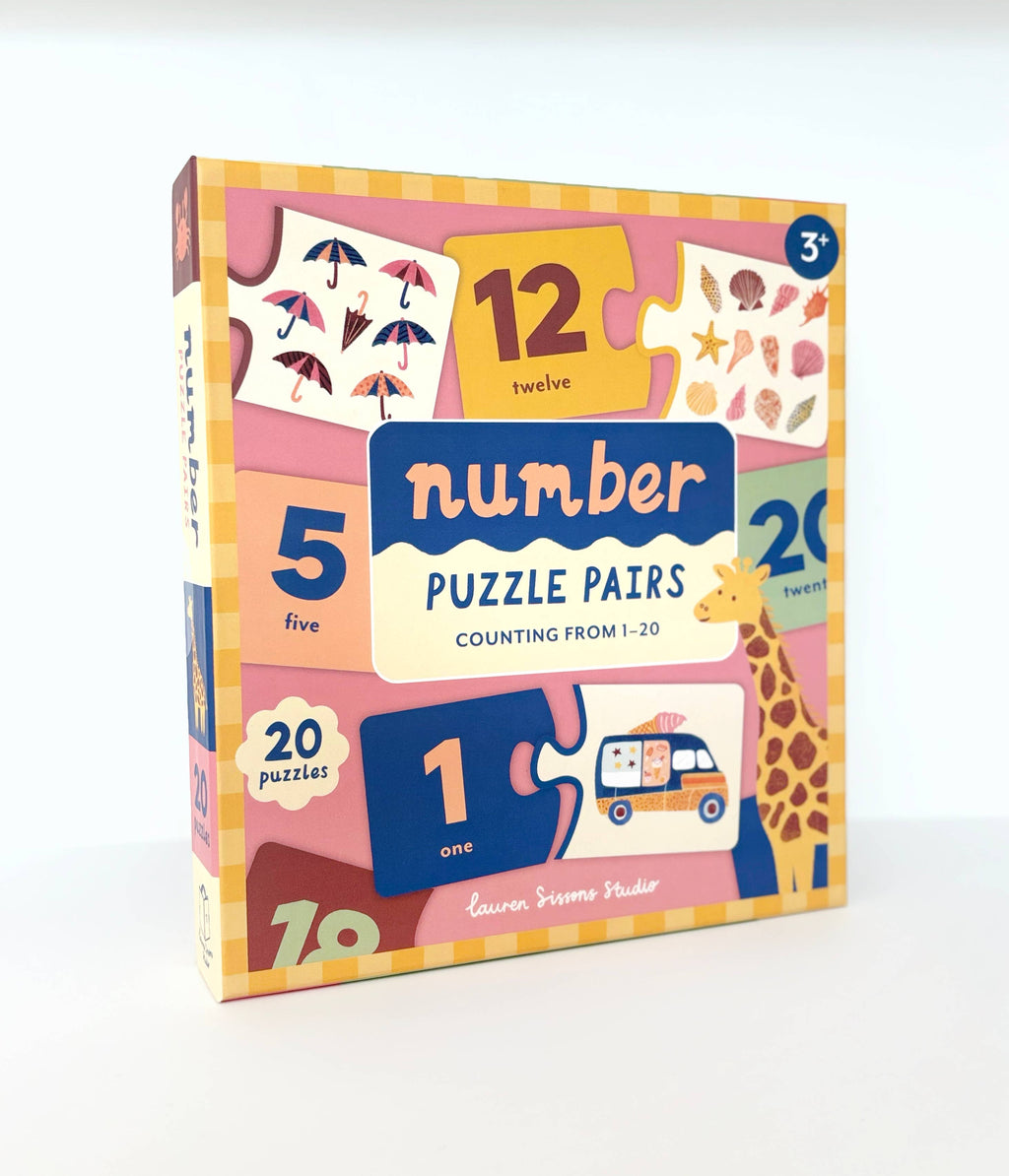 Children's puzzle pairs packaging with colorful design and numbers on a white background