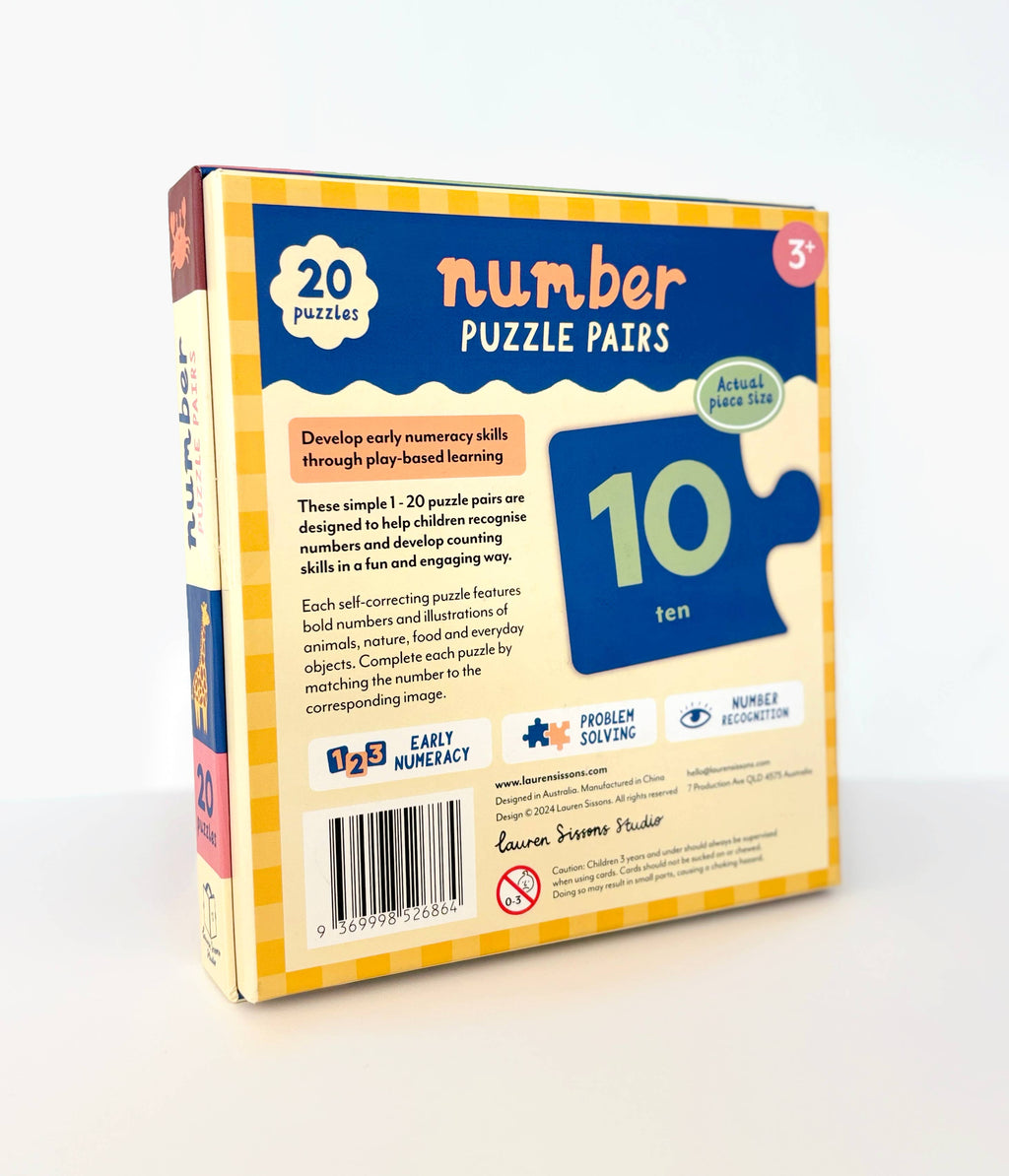 Number puzzle pairs educational product packaging on a white background