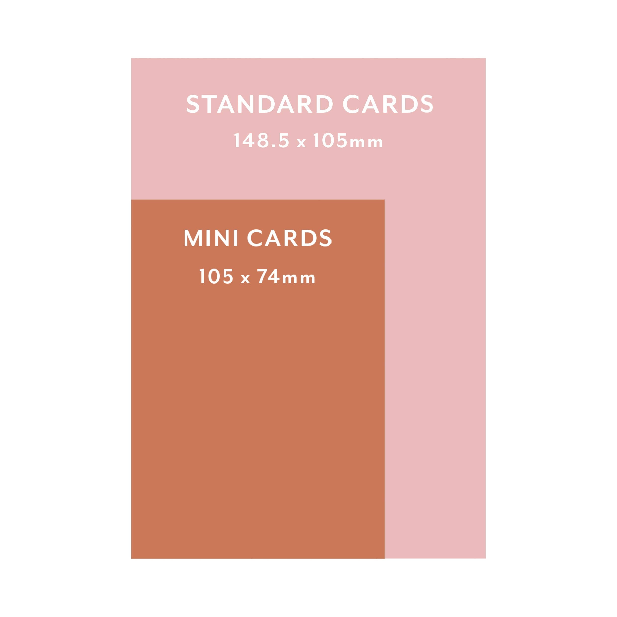 Comparison chart showing standard and mini card dimensions on a pink and brown background.