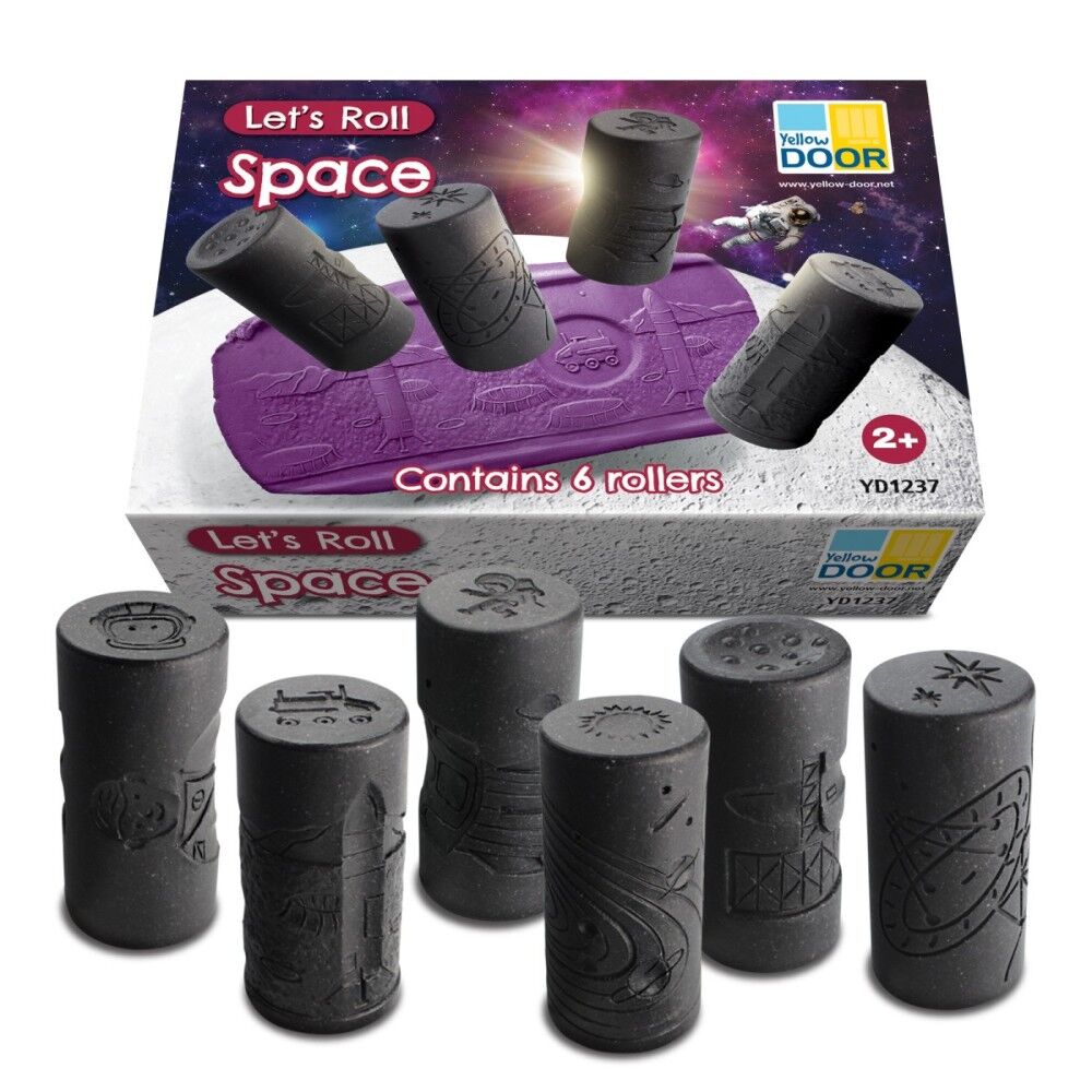 Space-themed toy rollers with packaging on a white background