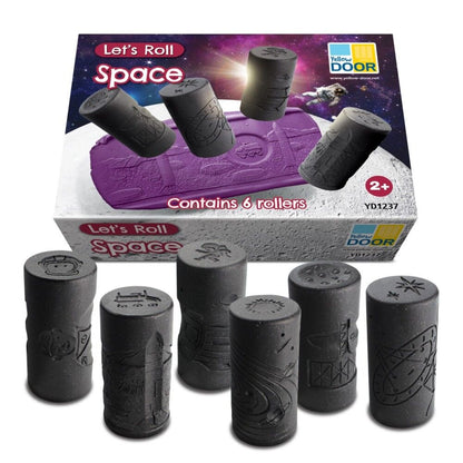 Space-themed toy rollers with packaging on a white background