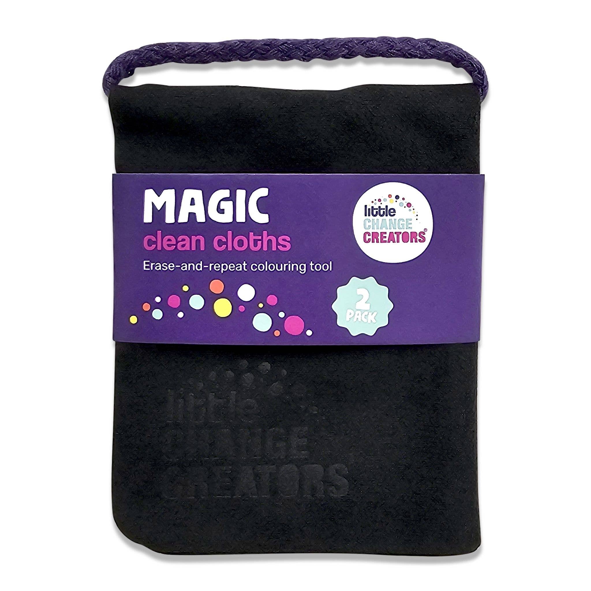 A pack of Magic Clean Cloths with sustainable eraser for colouring mats, including two quick-dry microfibre faux suede cloths, black in color, with product information and branding visible on the packaging.
