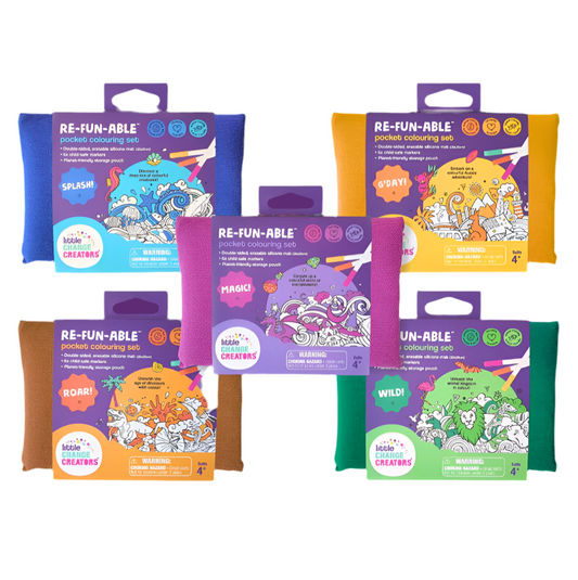 A collection of five mini coloring kits with different themes such as 'Magic', 'Dinosaur', 'Wild', and 'Australia'. Each kit includes a double-sided, hand silk-screened silicone mat and six non-toxic, low-odor marker pens, packaged in a 100% cotton storage pouch.
