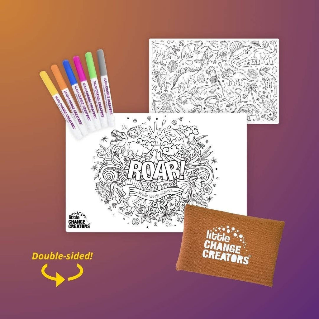 A collection of five mini coloring kits with different themes such as 'Magic', 'Dinosaur', 'Wild', and 'Australia'. Each kit includes a double-sided, hand silk-screened silicone mat and six non-toxic, low-odor marker pens, packaged in a 100% cotton storage pouch.
