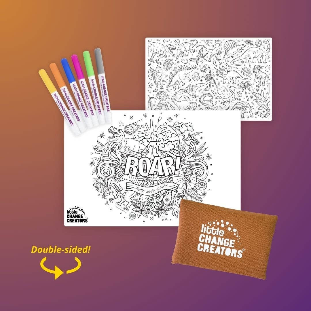 A collection of five mini coloring kits with different themes such as 'Magic', 'Dinosaur', 'Wild', and 'Australia'. Each kit includes a double-sided, hand silk-screened silicone mat and six non-toxic, low-odor marker pens, packaged in a 100% cotton storage pouch.