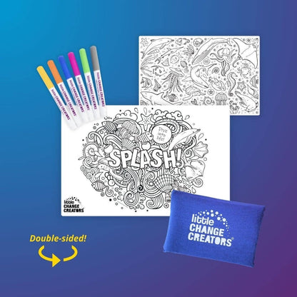 A collection of five mini coloring kits with different themes such as 'Magic', 'Dinosaur', 'Wild', and 'Australia'. Each kit includes a double-sided, hand silk-screened silicone mat and six non-toxic, low-odor marker pens, packaged in a 100% cotton storage pouch.