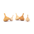 Set of wooden spinning tops on a white background