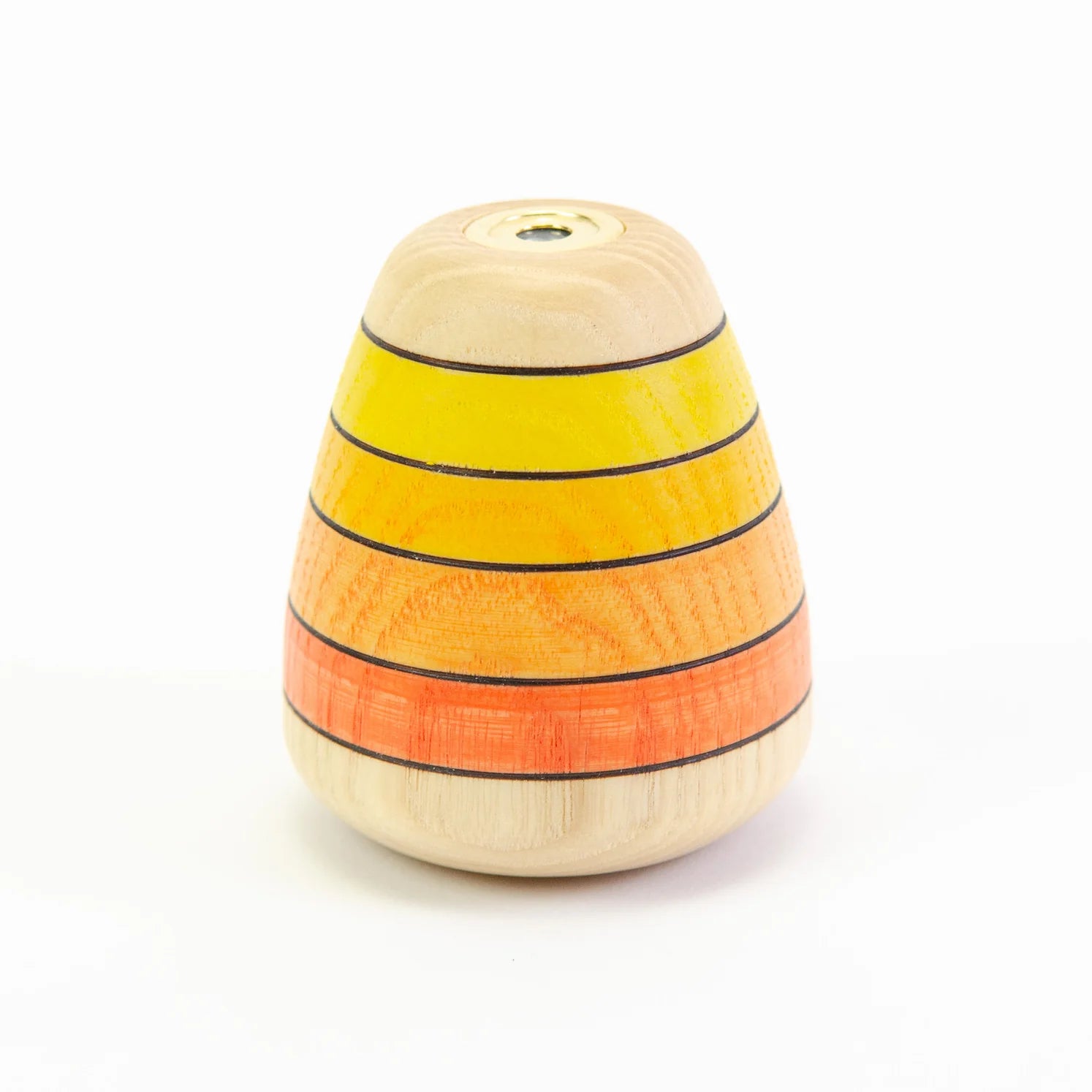 Wooden toy with striped colors on a white background