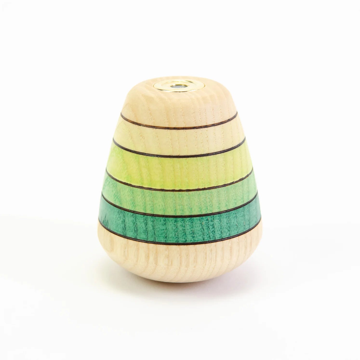 Wooden toy with striped design on a white background