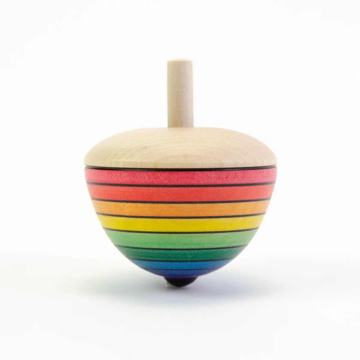Colorful wooden top with rainbow stripes on a white background