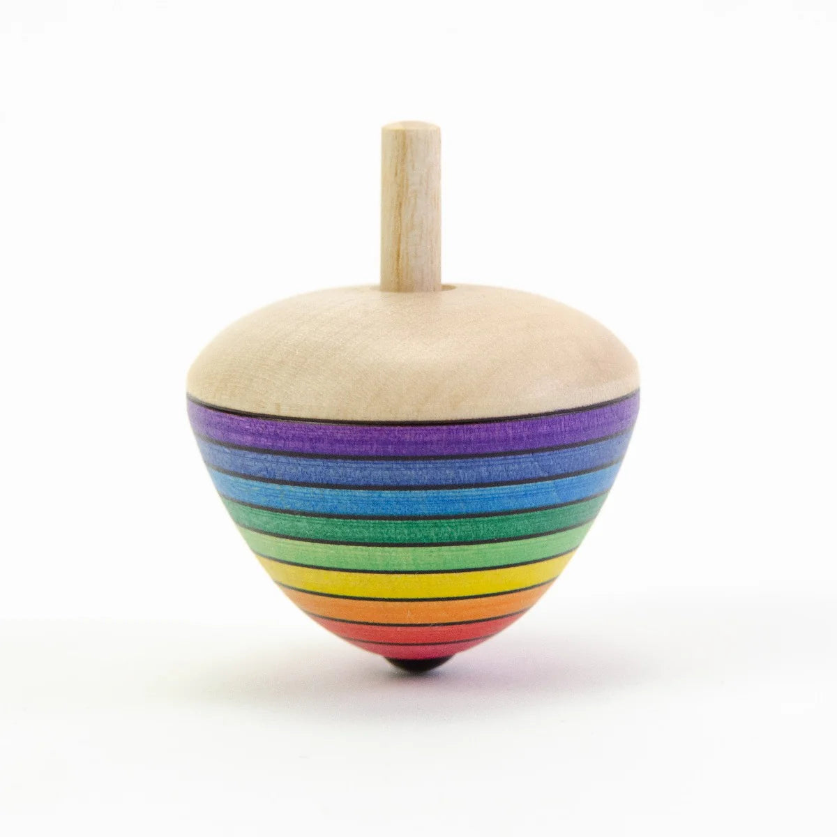 Colorful wooden top with rainbow stripes on a white background