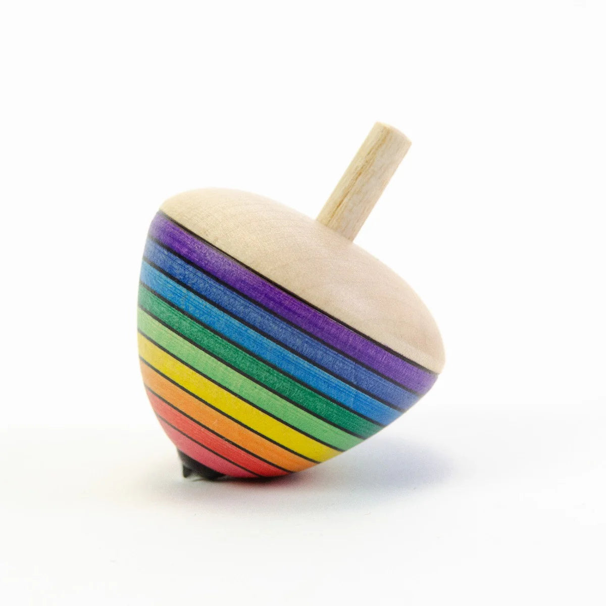 Colorful wooden top with rainbow stripes on a white background