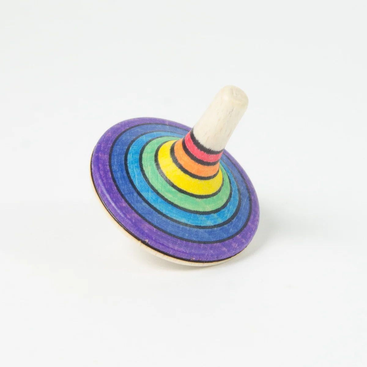 Colorful wooden spinnable toy with rainbow pattern on a white background