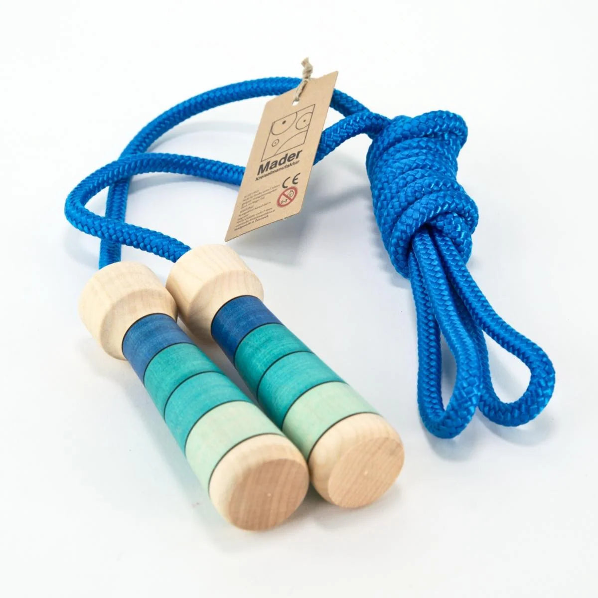 Colorful wooden skipping rope with blue rope on a white background