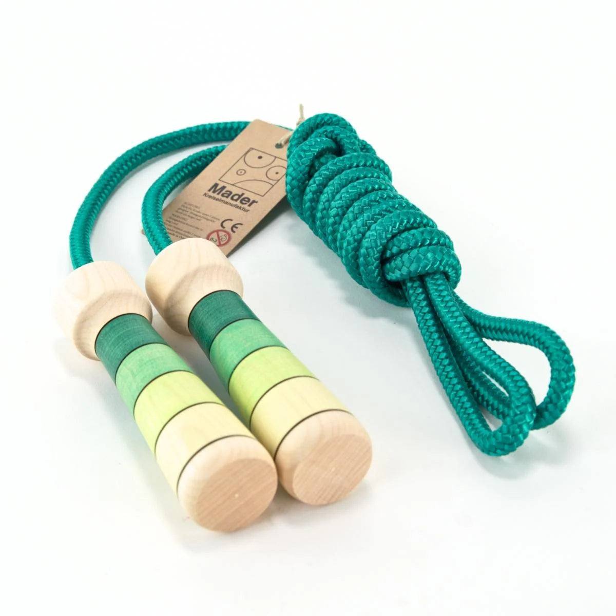 Green and beige wooden skipping rope with a brand tag on a white background