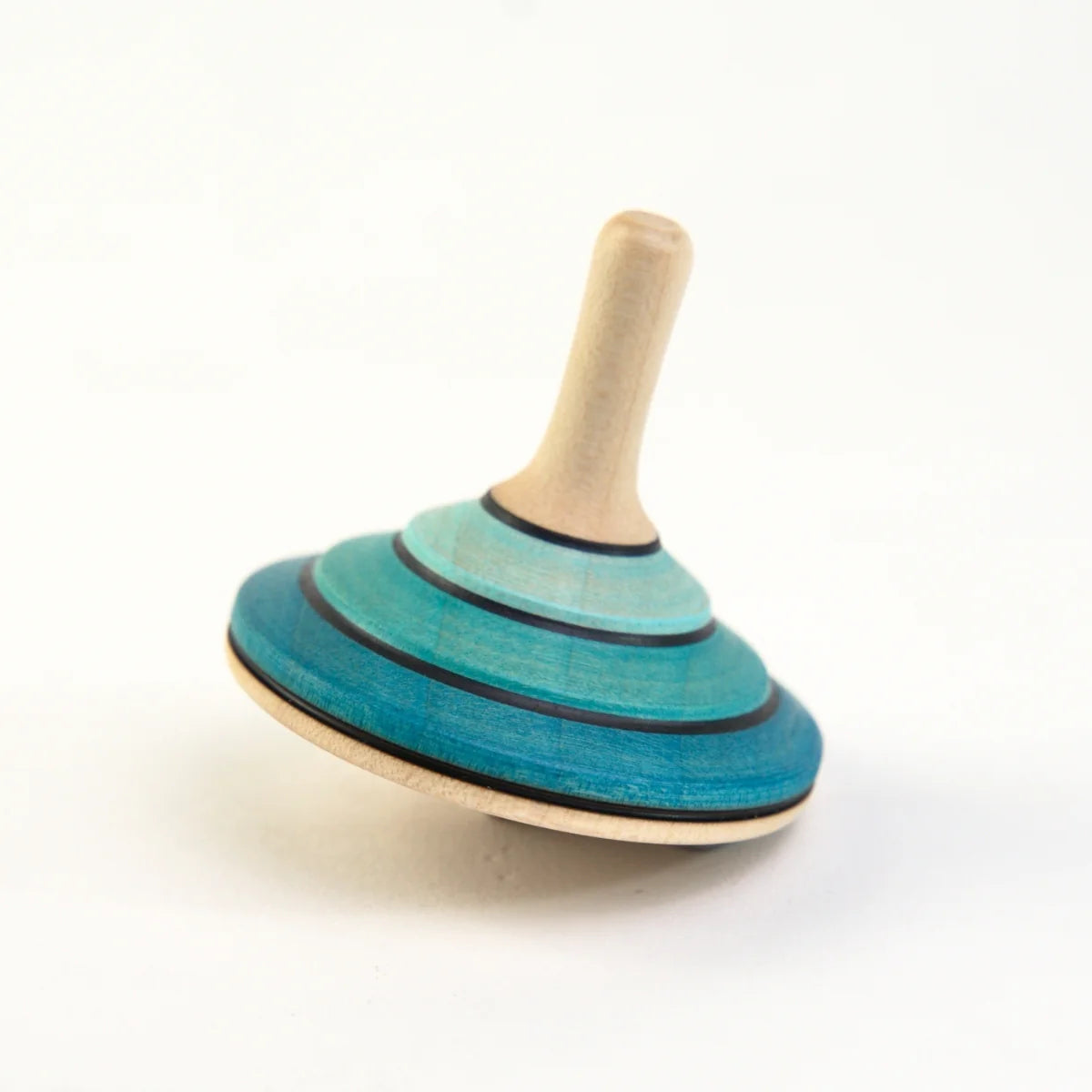 Wooden spinning top with blue and green striped design on a white background