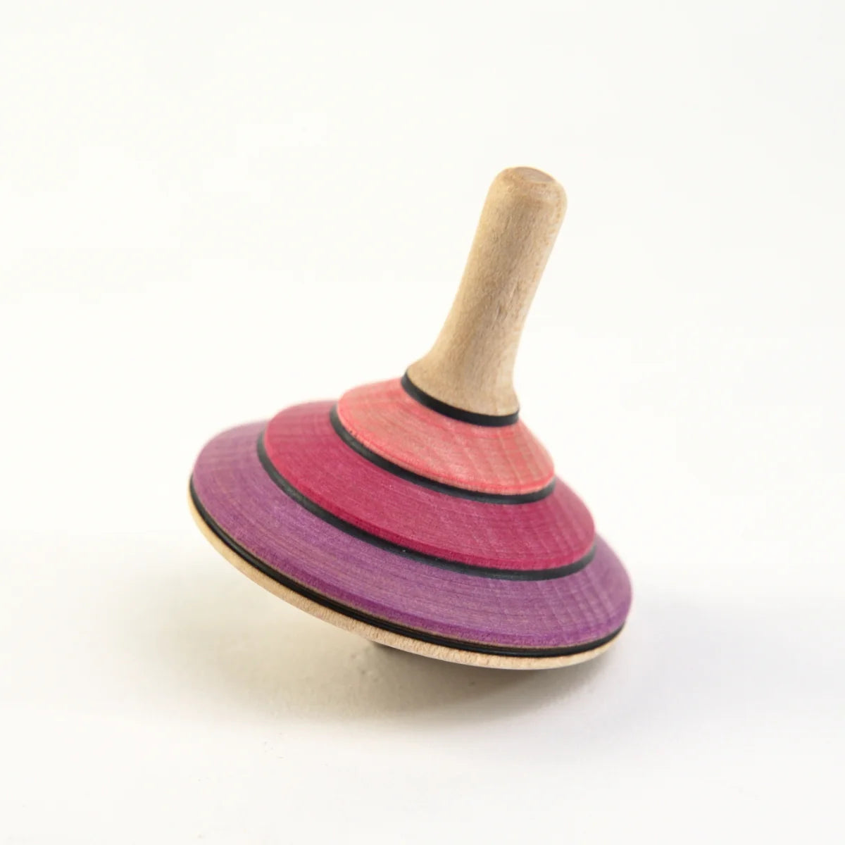 Wooden toy top with pink and purple striped body on a white background