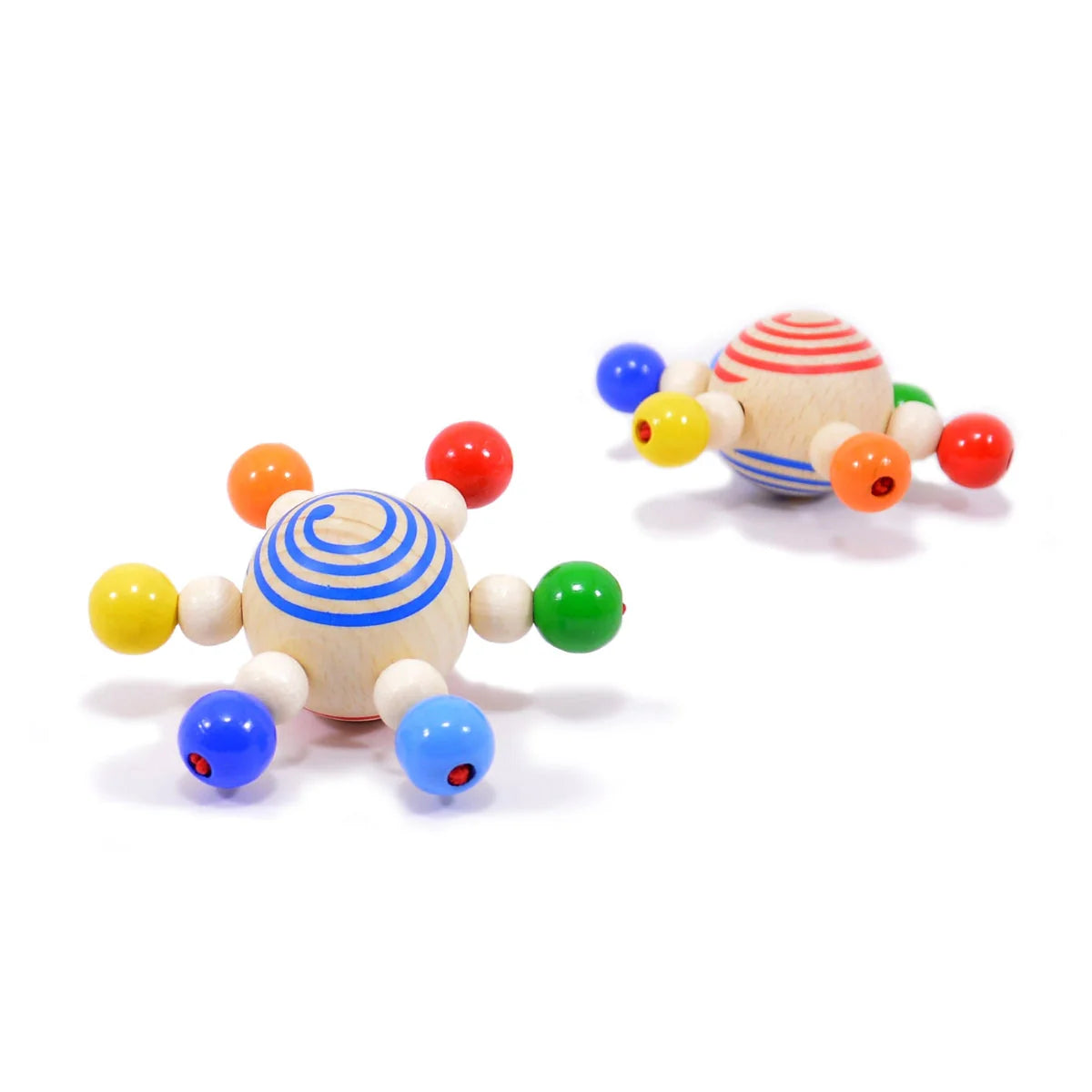Colorful wooden toy with beads on a white background