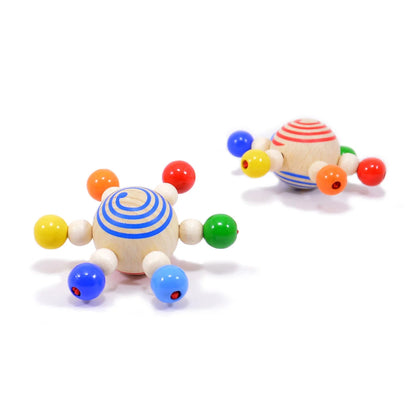 Colorful wooden toy with beads on a white background