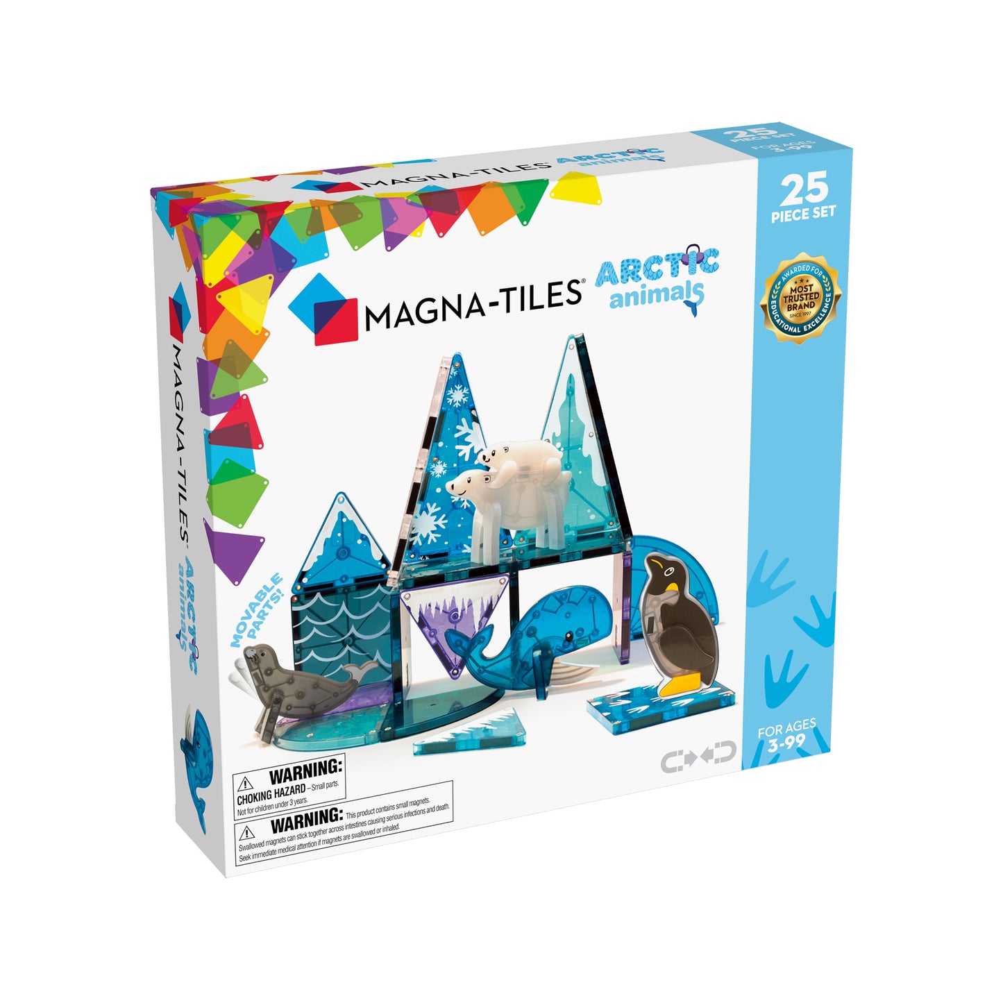 Packaging for MAGNA-TILES Arctic Animals 25-Piece Magnetic Construction Set, displaying the tiles and Arctic animal figurines such as a polar bear and whale.