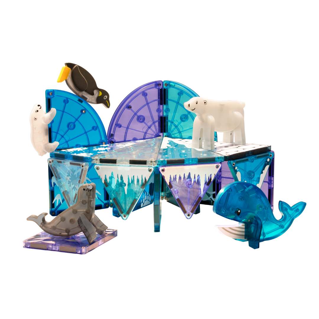 Blue and purple magnetic tile pieces with arctic animals on a white background.