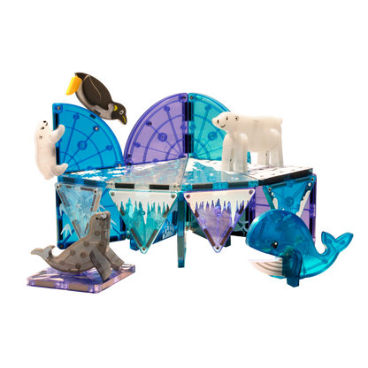Blue and purple magnetic tile pieces with arctic animals on a white background.