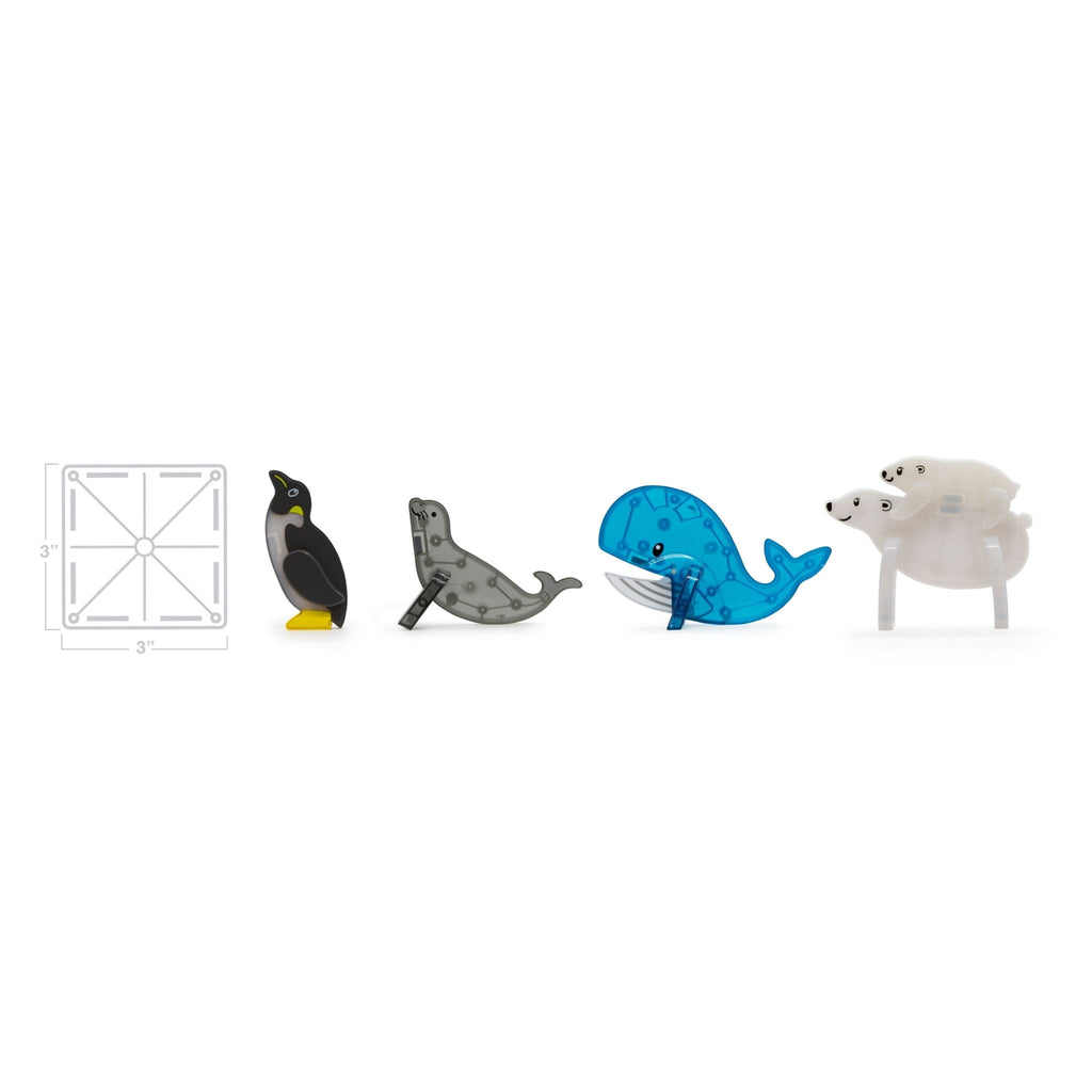 Scale of animal pieces to standard square tile on a white background