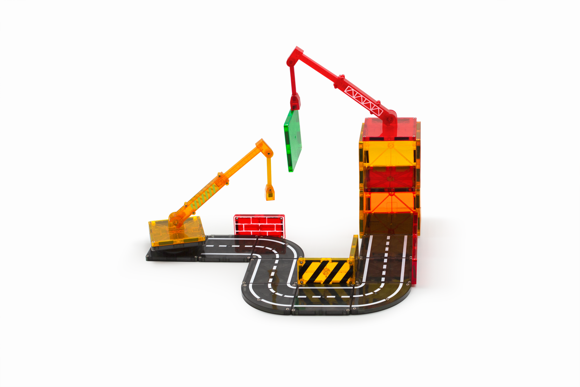 Magnetic tiles set with black road tiles and crane on a white background.